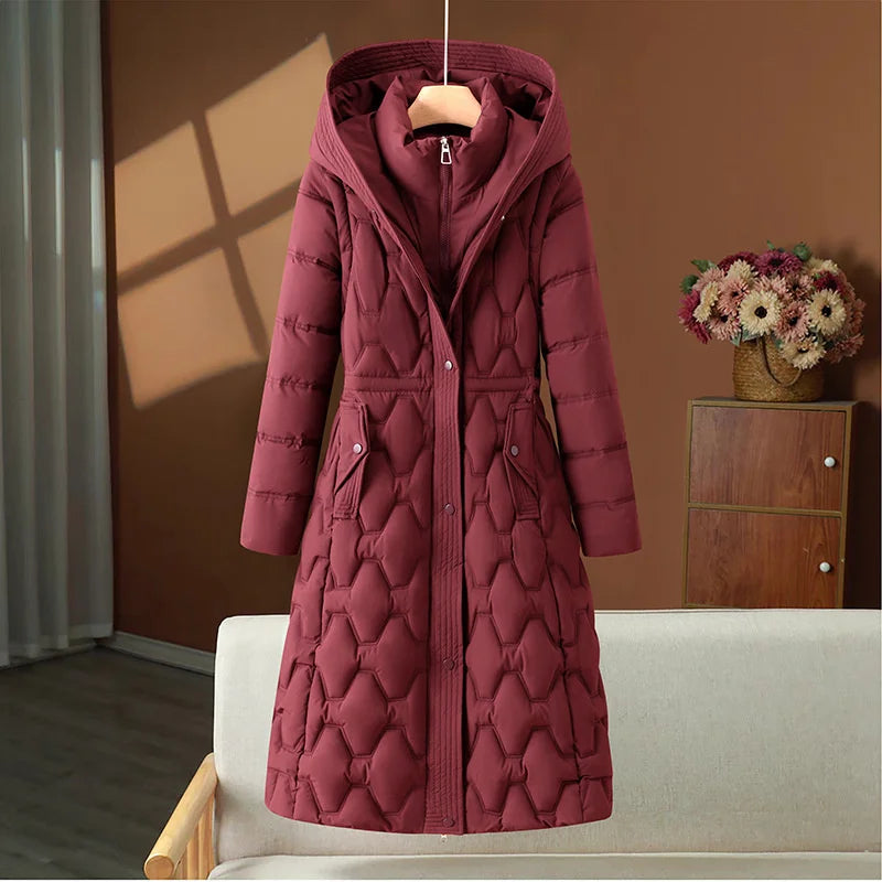 Women's long quilted coat with hood, winter coat, padded, beige