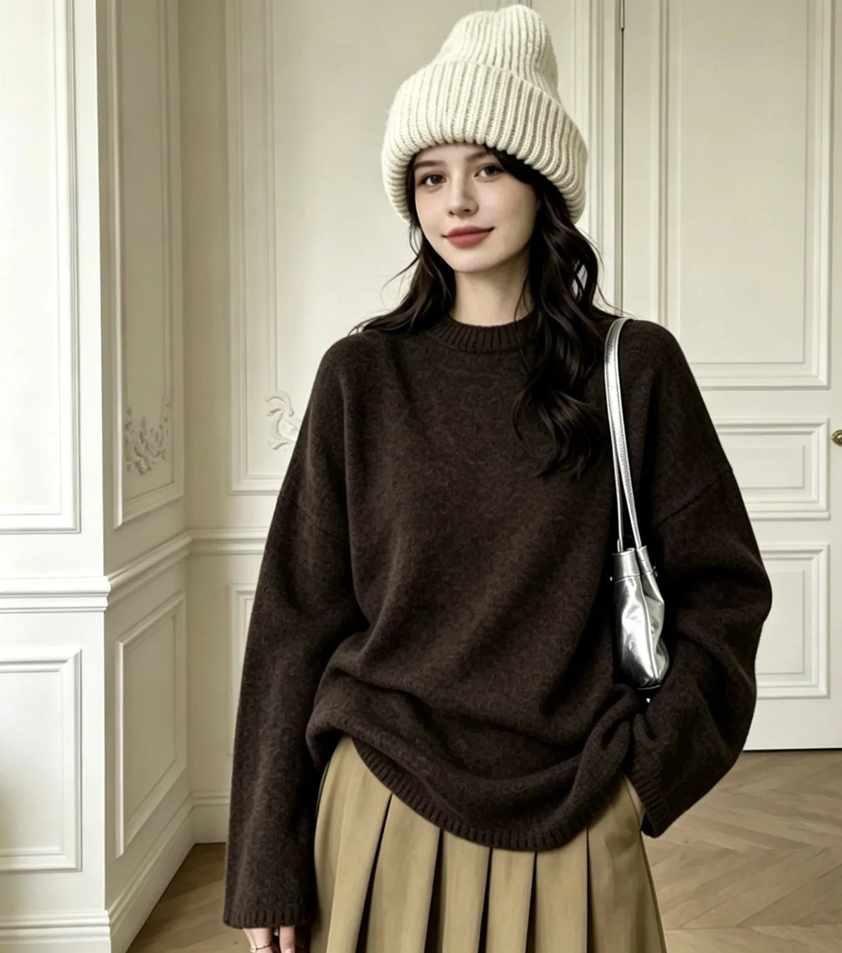 Women's oversized crew-neck long-sleeve knitted sweater