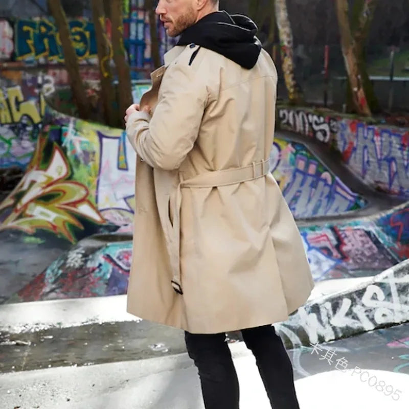 Herren Trenchcoat Zweireiher Mittellang mit Gürtel Klassischer Mantel