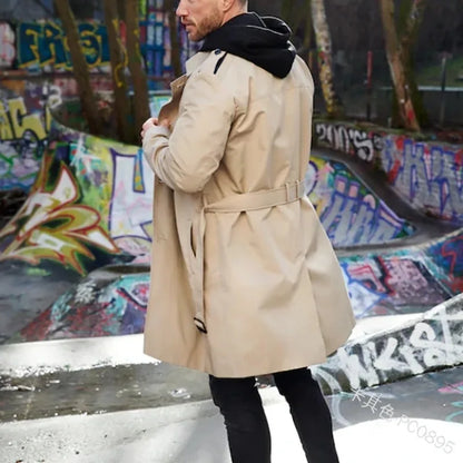 Herren Trenchcoat Zweireiher Mittellang mit Gürtel Klassischer Mantel