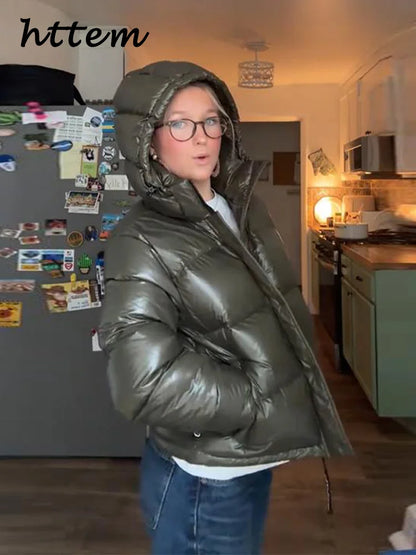 Women's shiny olive green quilted jacket with hood