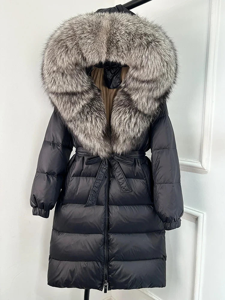 Women's black down coat with fur hood, long winter coat, belt, warm jacket