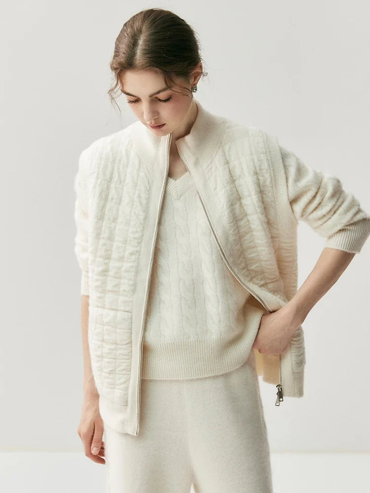 Women's quilted vest with a knit look, zipper, and stand-up collar, cream white