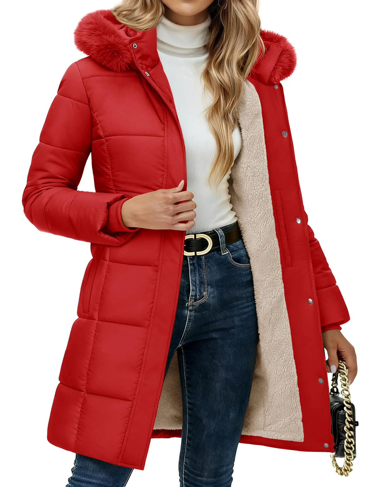 Damen Winter Steppmantel mit Kapuze, Teddyfutter und Kunstpelzbesatz