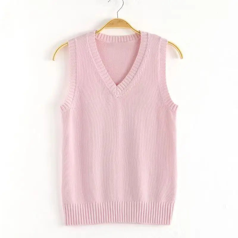 Unisex knitted vest V-neck sleeveless ribbed trim solid color