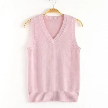 Unisex knitted vest V-neck sleeveless ribbed trim solid color
