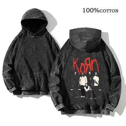 Hoodie Schwarz Grau Washed Oversize mit Band-Print Vorn & Hinten