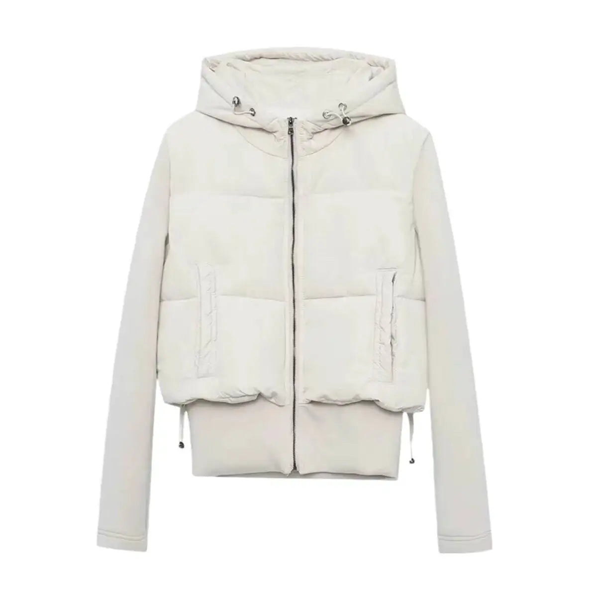 Women's Hooded Puffer Jacket with Long Sleeves - Cropped, Quilted