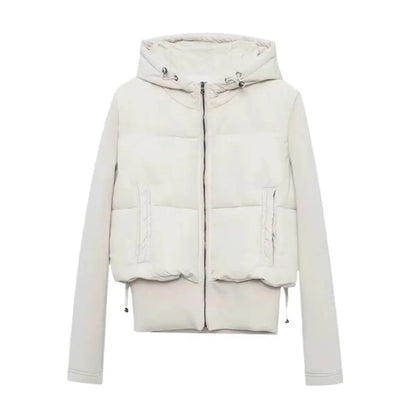 Women's Hooded Puffer Jacket with Long Sleeves - Cropped, Quilted