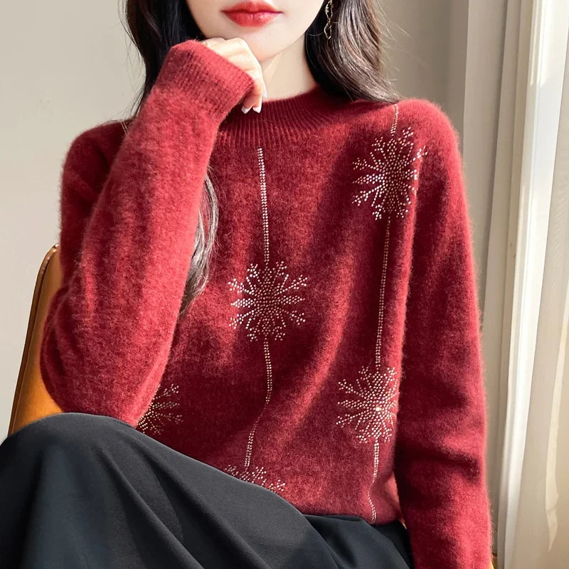 Women's sweater with stand-up collar and glitter snowflake pattern