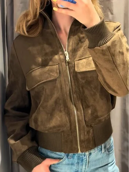 Women's suede-look bomber jacket stand collar short sleeve dark brown