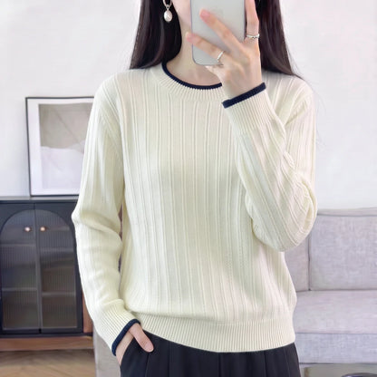 Women's ribbed knit sweater, long sleeves, crew neck, two-tone light blue