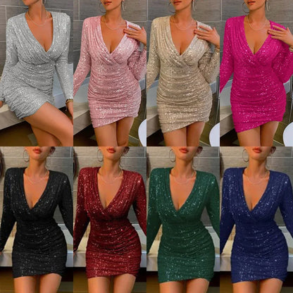 Women's Sequin Party Mini Dress with Long Sleeves and Deep Neckline – Perfect Dress for Evening, Club, and Celebrations