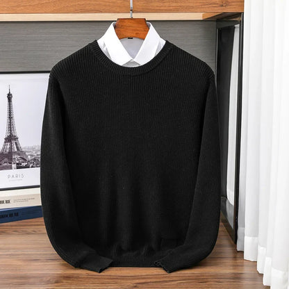 Men's crew-neck knit pullover ribbed solid-color long-sleeve