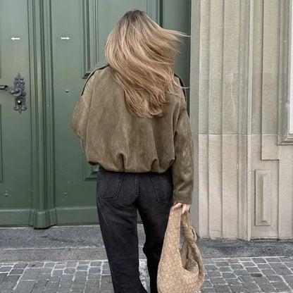 Women's short bomber jacket, oversized, green with collar