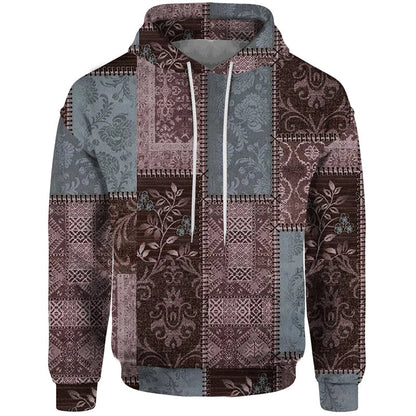 Patchwork-design hoodie with mixed patterns and hood