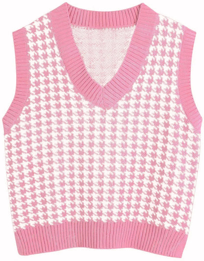 Women's knitted vest houndstooth V-neck sleeveless sweater vest