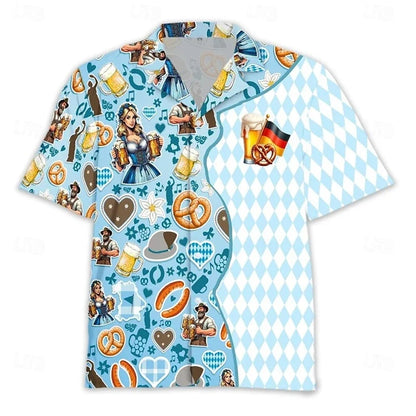 Men's Oktoberfest shirt, short sleeves, beer, pretzel, and sausage design