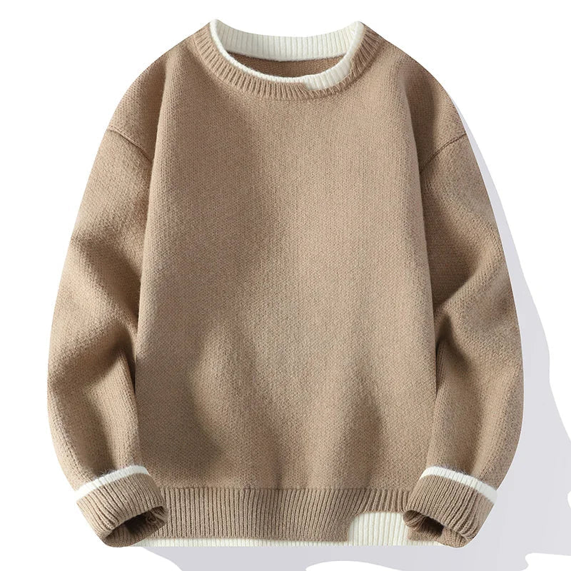 Unisex Two-Tone Crew-Neck Knit Sweater Pink Beige Black Gray Khaki Blue