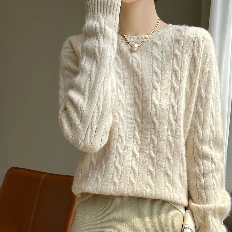 Damen Pullover Zopfmuster Rundhals Langarm Strickpullover