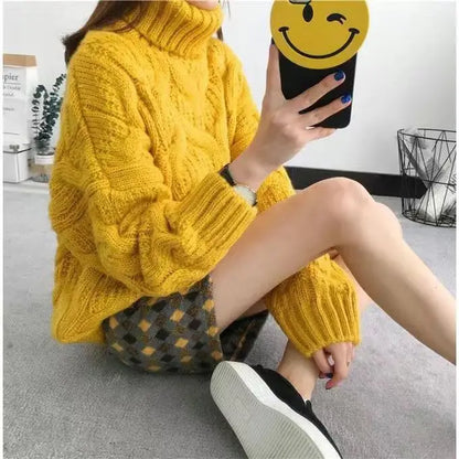 Women's cable-knit turtleneck sweater long sleeves