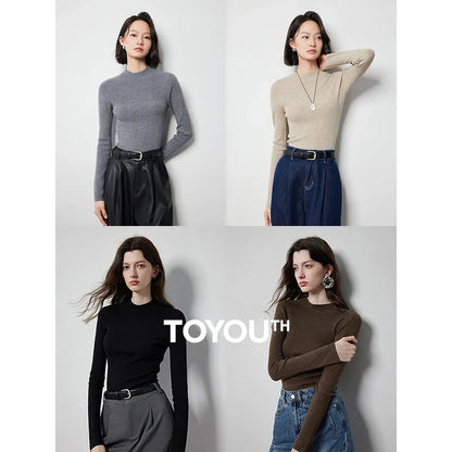 Women's Long-Sleeve Sweater Mock Neck Crew Neck Basic Top in Various Colors