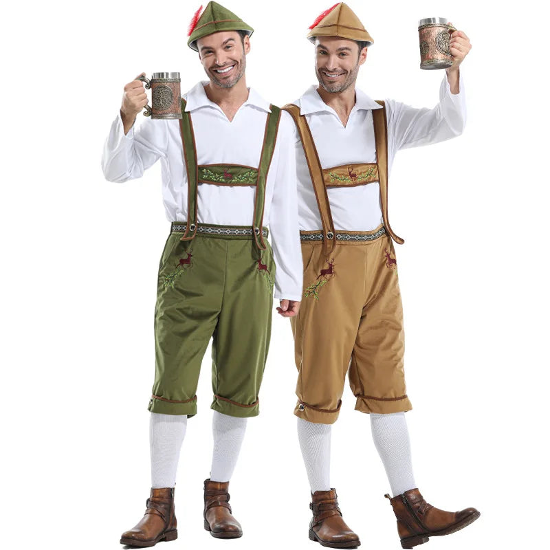 Men's Oktoberfest Costume Lederhosen Suspenders Shirt and Hat Set