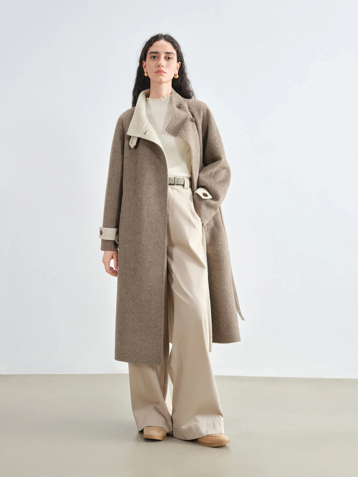 Women's long wool-look coat with wrap belt and stand collar, brown