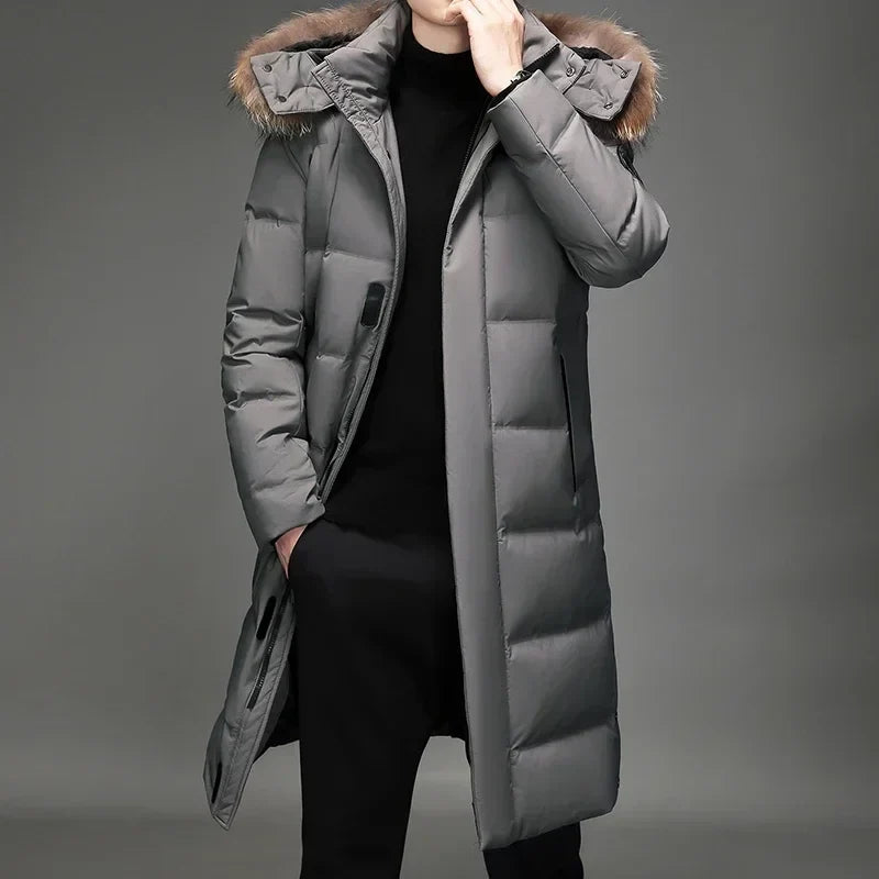 Men's long winter down coat, black and gray, with hood and fur trim, padded