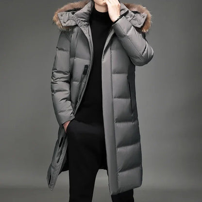 Men's long winter down coat, black and gray, with hood and fur trim, padded