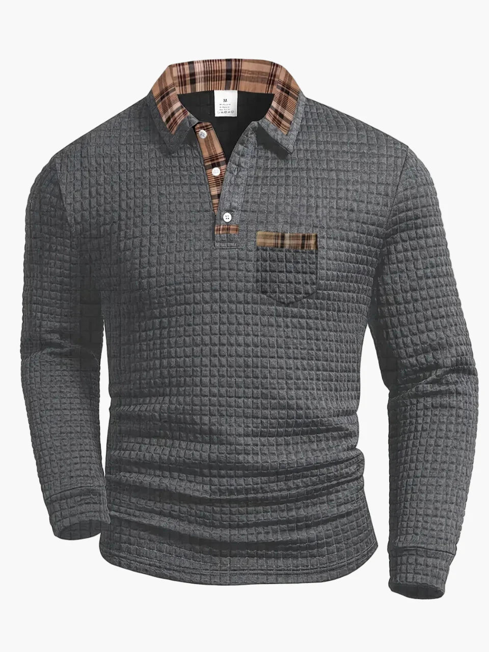 Men's Long Sleeve Casual Polo Shirt with Check Details – Stylish Waffle Pattern, Ideal for Everyday & Office