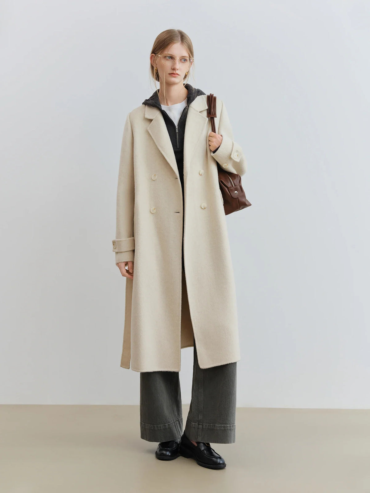 Women's long double-breasted coat in a wool-look fabric, available in gray, brown, or beige
