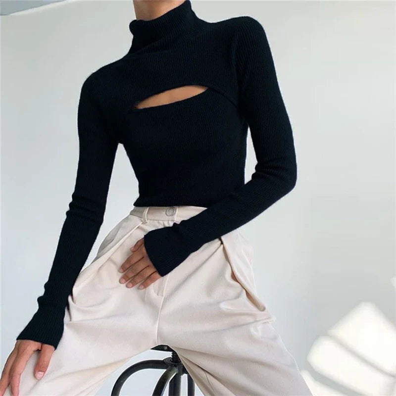 Women's ribbed turtleneck sweater with cutout, black