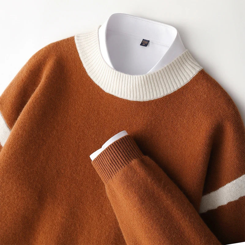 Men's crew-neck knit sweater with caramel/cream stripes