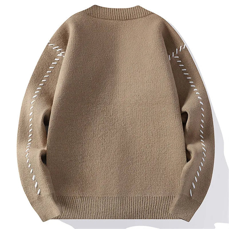 Unisex Strickjacke V-Ausschnitt Strick Cardigan mit Kontrastnähten Grün