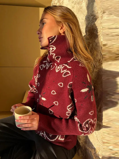 Women's knitted cardigan with a zipper, high collar, and bandana pattern