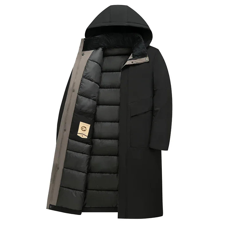 Long men's winter parka coat - Red with hood