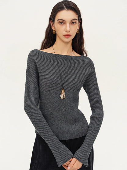 Women's Ribbed-Knit Long-Sleeve Boat-Neck Sweater Beige