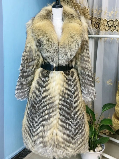 Long women's faux-fur coat with chevron pattern, warm winter coat
