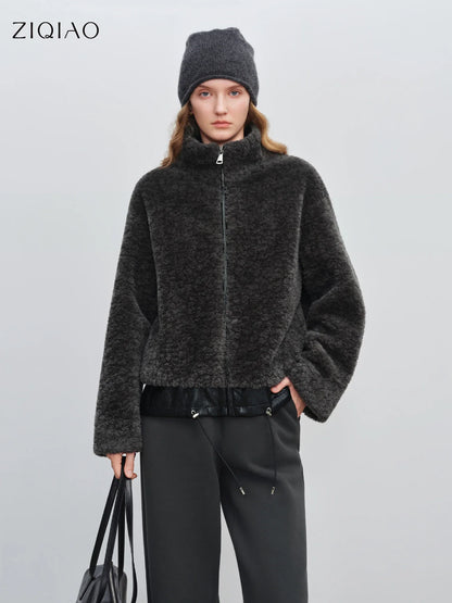 Women's teddy faux fur jacket with stand-up collar and zipper