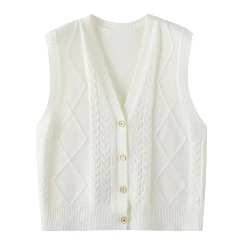 Women's Knit Vest with V-Neck, Cable and Diamond Pattern, Black