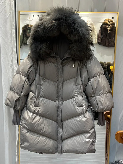 Women's winter quilted jacket with faux fur hood, khaki beige