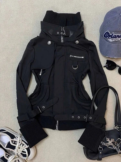 Damen Jacke Schwarz mit Stehkragen, Reißverschlüssen und Zierschnallen
