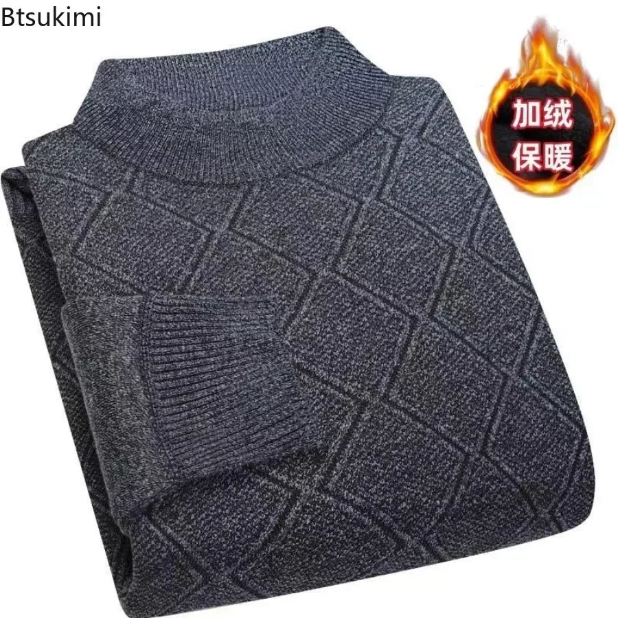 Men's turtleneck knitted sweater with diamond pattern, warm for winter