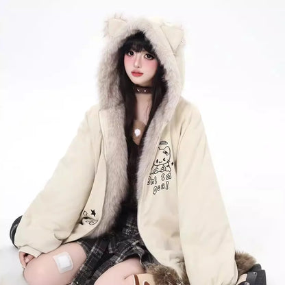 Women's winter jacket with cat ears, hood and fur trim, relaxed fit