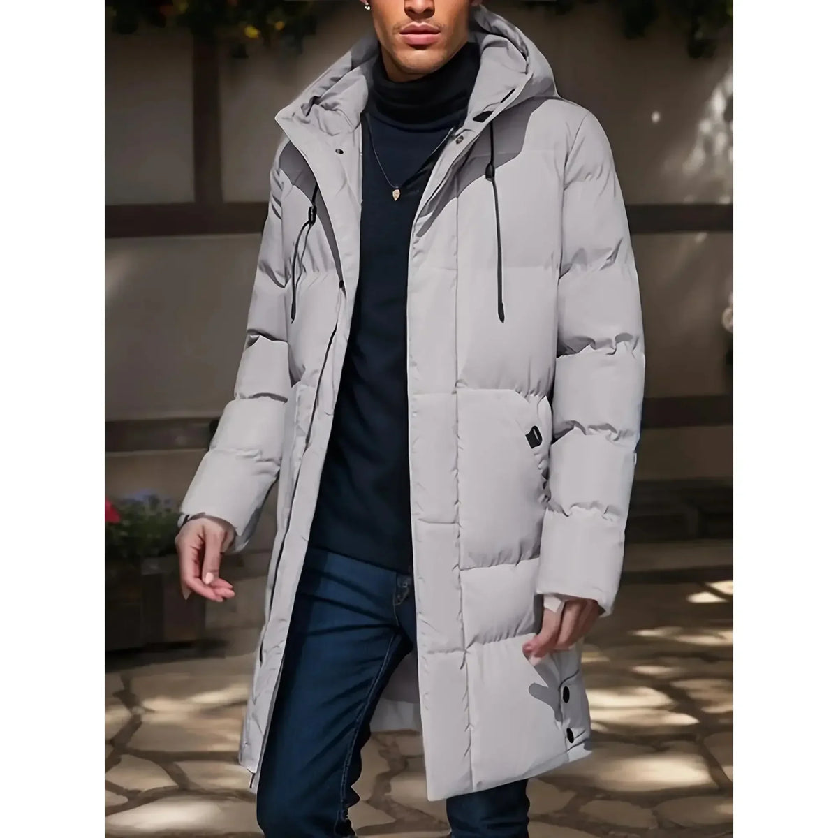 Men's long quilted coat with hood – Warmly lined winter parka