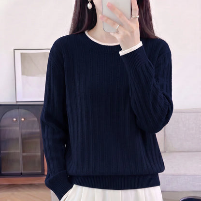 Women's ribbed knit sweater, long sleeves, crew neck, two-tone light blue