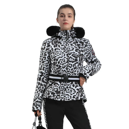 Women's ski jacket with check pattern and faux fur hood, belt, water-repellent