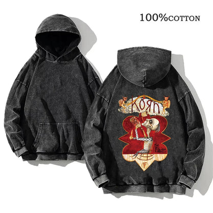 Hoodie Schwarz Grau Washed Oversize mit Band-Print Vorn & Hinten