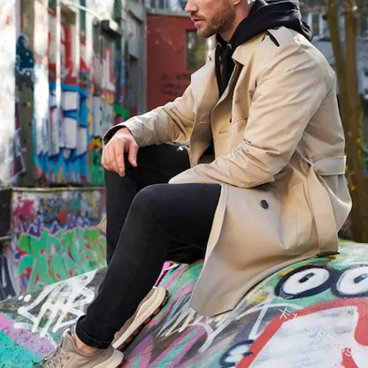 Herren Trenchcoat Zweireiher Mittellang mit Gürtel Klassischer Mantel